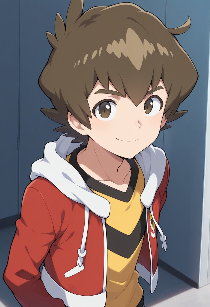 masterpiece,best quality,amazing quality, 
bayamano, 1boy, male focus, solo, brown eyes, brown hair, shirt, yellow shirt, jacket, red jacket, hood, smile,