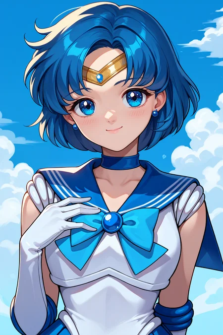 score_9, score_8_up, score_7_up, score_6_up, source_anime, 1girl, solo, <lora:sailormercury-pdxl-nvwls-v1-000005:1> slrmc, blue hair, short hair, blue eyes, circlet, earrings, blue choker, brooch, white shirt, sleeveless, blue sailor collar, light blue bowtie, white leotard, elbow gloves, white gloves, blue skirt, pleated skirt, blue boots, magical girl, looking at you, upper body, smile, portrait, blush, closed mouth, light smile, blue sky, clouds, skirt, hand on own chest