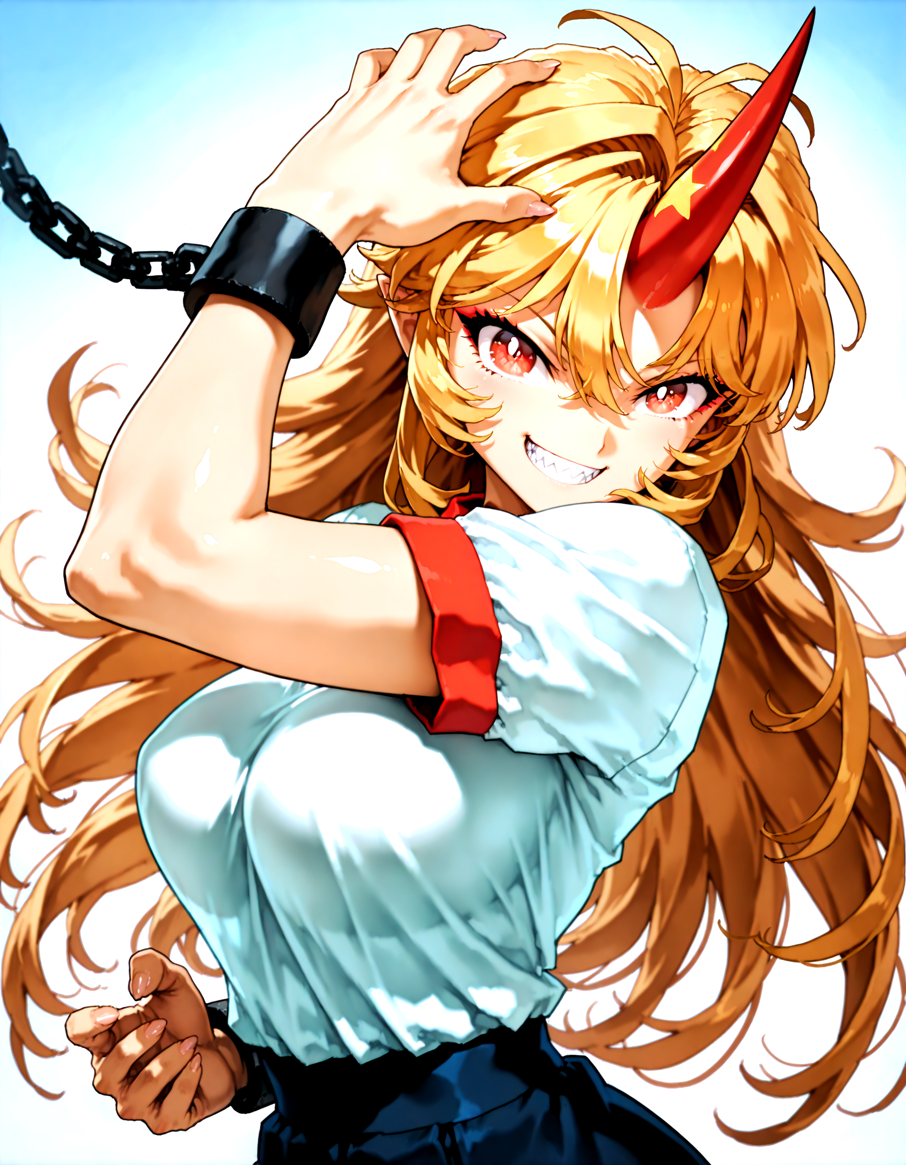 munakata_(sekimizu_kazuki):1.2,mogudan:0.7, hamada_yoshikazu:0.8 ,toriyama_akira_(style):1.1 ,touhou ,hoshiguma_yuugi , highres ,1girl ,black_skirt, blonde_hair, breasts ,bright_pupils ,cuffs ,horns,  long_hair ,looking_at_viewer, medium_breasts, open_mouth, red_eyes ,red_horns, shackles ,sharp_teeth ,shirt, short_sleeves ,simple_background ,single_horn ,skirt solo, star_(symbol), teeth, upper_body ,white_shirt, messy_hair , ^_^ ,fingernails ,grin ,hands,oni ,smile, solo,sharp_teeth,sharp_fingernails , kungfu stance,  <lora:touhou_146:0.5>,<lora:illustrious_noobai_epsilon_pred_1_best_quality_v1:0.7> ,<lora:illustrious_noobai_epsilon_pred_1_masterpieces_v1:0.7>, <lora:ponyv4_noob1_2_adamW:0.5>, <lora:add_details_xl:0.7>