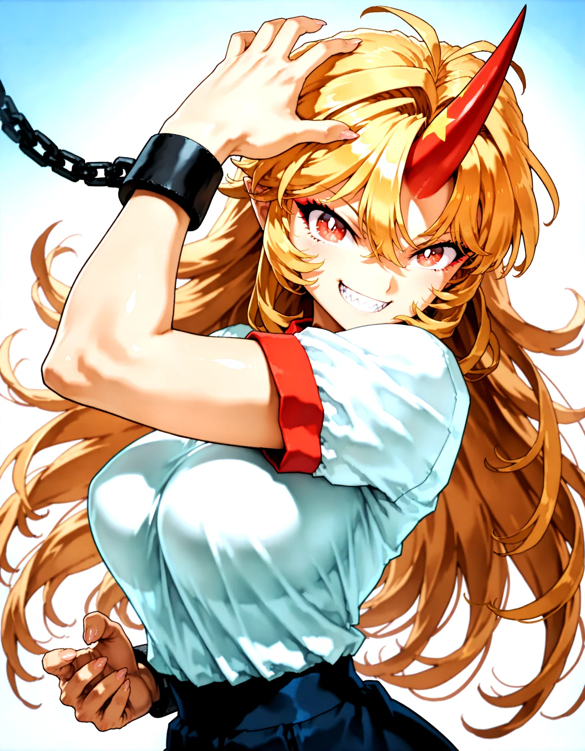 munakata_(sekimizu_kazuki):1.2,mogudan:0.7, hamada_yoshikazu:0.8 ,toriyama_akira_(style):1.1 ,touhou ,hoshiguma_yuugi , highres ,1girl ,black_skirt, blonde_hair, breasts ,bright_pupils ,cuffs ,horns, long_hair ,looking_at_viewer, medium_breasts, open_mouth, red_eyes ,red_horns, shackles ,sharp_teeth ,shirt, short_sleeves ,simple_background ,single_horn ,skirt solo, star_(symbol), teeth, upper_body ,white_shirt, messy_hair , ^_^ ,fingernails ,grin ,hands,oni ,smile, solo,sharp_teeth,sharp_fingernails , kungfu stance, <lora:touhou_146:0.5>,<lora:illustrious_noobai_epsilon_pred_1_best_quality_v1:0.7> ,<lora:illustrious_noobai_epsilon_pred_1_masterpieces_v1:0.7>, <lora:ponyv4_noob1_2_adamW:0.5>, <lora:add_details_xl:0.7>