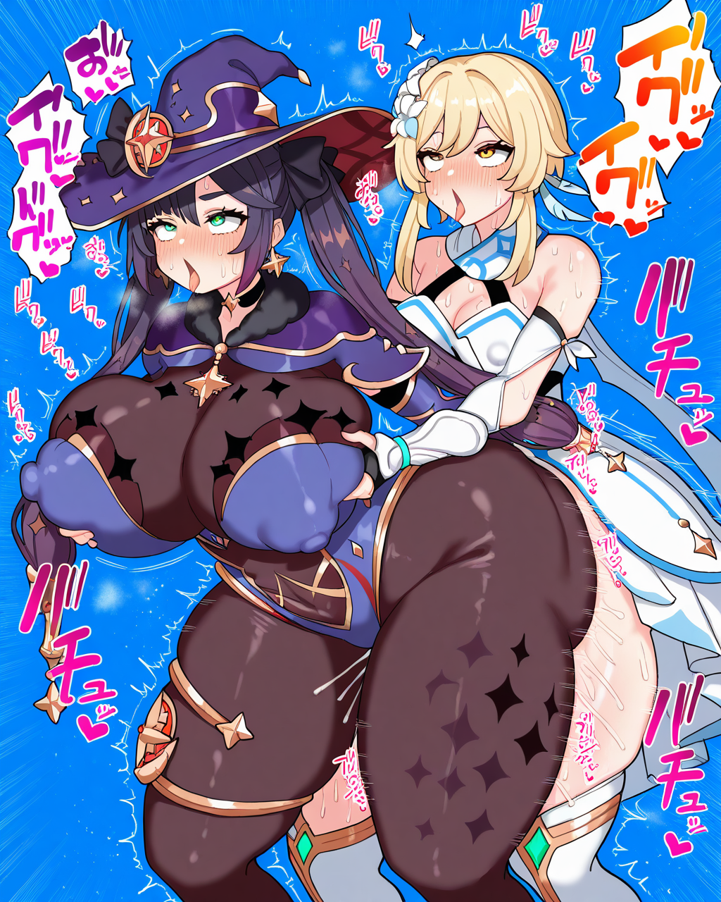 2girls, futa with female, ADDCOL, mona \(genshin impact\),witch hat,purple hat,hat ornament,purple hair,twintails,ponytail holder,green eyes,star earrings,blue leotard,detached sleeves,gloves,bodystocking,sparkle print,thighlet,jewelry,star \(symbol\),vision \(genshin impact\),gigantic breasts,covered nipples,erect nipples,thick thighs,curvy, ADDCOL, lumine \(genshin impact\),blonde hair,yellow eyes,hair flower,feather hair ornament,white dress,detached sleeves,white thighhighs,small breasts, ahegao, tongue out, ADDCOL, hotaru \(zpgk7732\), sex from behind, breast grab, motion lines, sound effects, spoken sound effect, simple background, blue background, masterpiece, best quality, very aesthetic, absurdres