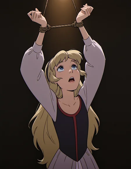 <lora:eilonwy-illustrious-000020:1> eilonwy, dress, hairband, 1girl, solo, open mouth, arms up, looking up, bound wrists, dim lighting, masterpiece, best quality