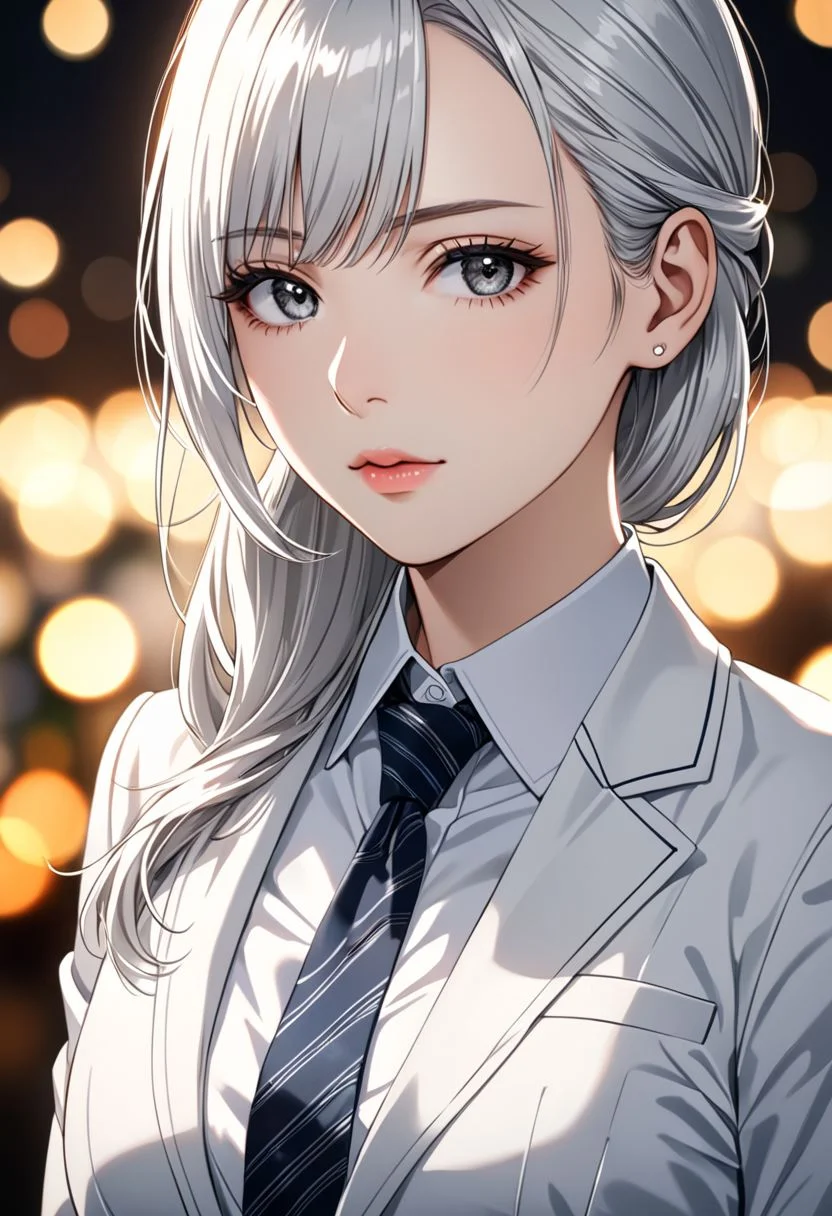 (anime, masterpiece, intricate:1.3), (best quality, hires textures, high detail:1.2), (4k),(incredibly detailed:1.4), perfect anatomy, graceful face, slim, grey eyes, flat chest, constricted waist, lips, Sexy mouth, high pointed nose, (nostrils:1.3), neatly drawn nose, adult, beautiful fingers, beautiful white skin, Beautiful clear skin, school white uniform, cute girl, white hair, side ponytail, gorgeous lips, grey eyes, shiny skin, office lady, white suit, tie, 1girl
UHD, 8K, ultra detailed, a cinematic photograph of HDR photo, pale skin, dark eyes, The camera is at a high angle, capturing her intense gaze., high quality photography, 3 point lighting, flash with softbox, 4k, hdr, sharp focus, high resolution, f2.8, bokeh . High dynamic range, vivid, rich details, clear shadows and highlights, realistic, intense, enhanced contrast, highly detailed, ((Glamour Shot)), beautiful lighting, great composition