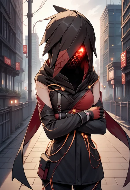 score_9, score_8_up, score_7_up, source_anime, 1girl, looking at viewer, crossed arms, contrapposto, BREAK <lora:KasaneSN-pdxl:1> defKasane, hood up, covered face, mask, black jacket, medium breasts, red cape, detached sleeves, cables, red gloves, fingerless gloves, black pants, outdoors, science fiction, city
