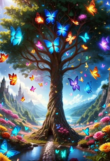 score_9, score_8_up, score_7_up, score_6_up, score_5_up, score_4_up, Magical Forest scenery,looking at the viewer, ultra realistic extremely detailed, meadow, castle crystal clear lake, trees, realistic highly detailed colorful field of flowers, (soft particles of fractal energy:1.3), depth of filed, (neon light particles:1.1), ultra-detailed,extremely delicate cute and beautiful,masterpiece,best quality, cinematic angle, cinematic lights, vibrant, vivid color,movie lens,movie special effects,detailed details,HDR,UHD,32K,concept art, magical scenery at daylight, (colorful butterflies:1.6), (full body:1.9), sharp focus, intricate details, iluminated by bright colors, (colorful flowers:1.3), (colorful particles:1.3), soft skin, (adorable look:1.8)(glowing tones:1.6),(glitter tones:1.2), beautiful, <lora:ral-fntsyrlms-sdxl:1> ral-fntsyrlms