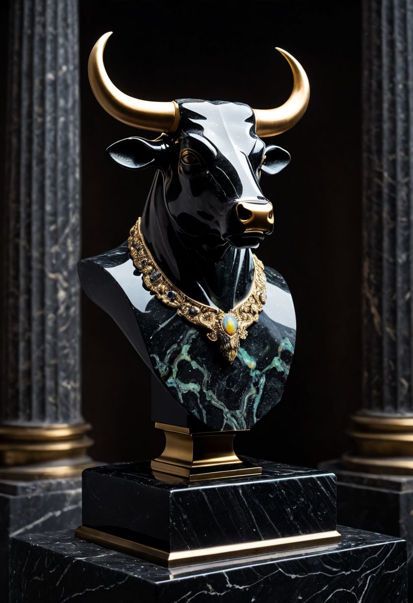 Fujifilm XT3, Sony A7 IV, (award winning photography) a (black: 0.79) marble simple (anthropomorphic bull) bust statue made of opal (Kintsugi: 0.89) set on a pedestal in temple, glistening. in the background beautiful pillars, divine (iridescent: 0.79), opalescent textures, volumetric light, ethereal, sparkling, studio photo, highly detailed, sharp focus (highest quality: 1.39) (highest coherency: 1.39) (award winning photography), highly detailed photography, (muted colors, cinematic, dim colors, soothing tones:1.2), vibrant, insanely detailed, hyperdetailed, (dark shot:1.2), (vsco:0.3), (intricate details:0.9), (hdr, hyperdetailed:1.2) (vignette), sss, raw photo, fijifilm, kodak, cinematic film grain, mesopotamian, babylonian