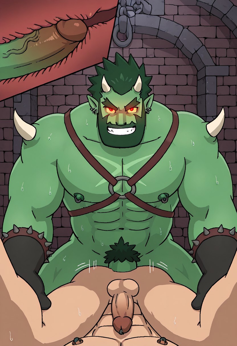AstarothRMA, facial hair, bara, hair, (((red glowing eyes))), pectorals, abs, muscular, horns, green skin, pointy ears, tusks, beard, nipple piercings, harness, gloves, nude, penis, BREAK,
Sweaty, scowl, evil grin, grabbing another's legs, leaning forward, looking at viewer, BREAK,
dungeon, male focus, male solo focus, piledriver, anal sex, penetration, cross-section with penis, human, interspecies BREAK,
Pov View, close up, from below, dynamic, creative, motion lines, bara, masterpiece,best quality,amazing quality,