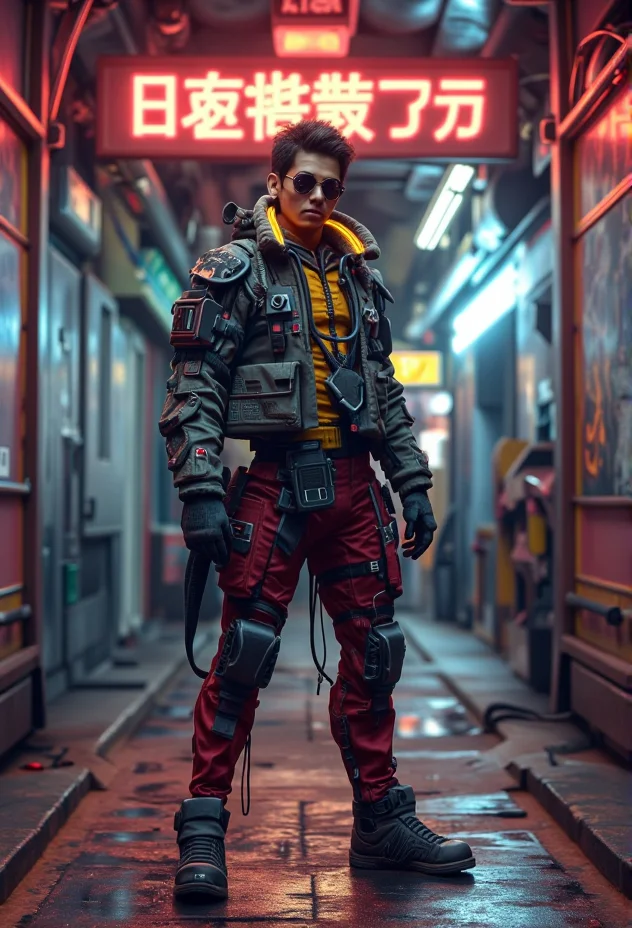 A full-body shot of a character standing confidently in a futuristic urban alley . The scene is highly detailed and realistic, capturing the essence of dystopian  aesthetics, with intricate elements like neon reflections .<lora:bv-cybstyenh-v1.safetensors:1.0:1.0>