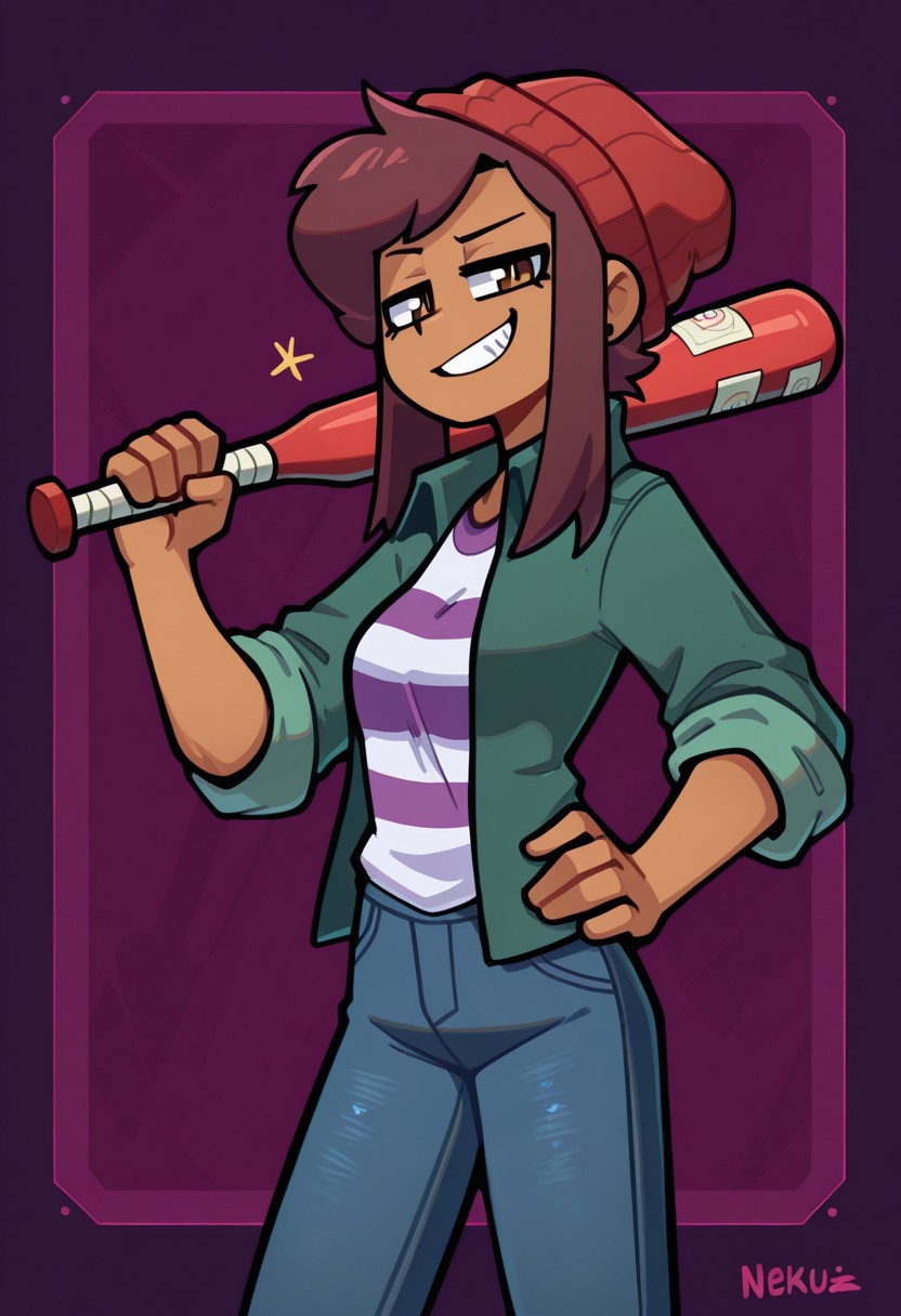masterpiece, best quality, highres, nekuzx, BREAK, 1girl, solo, betaluz, dark-skinned female, brown eyes, brown hair, short hair, long bangs, red beanie, green jacket, open jacket, striped shirt, jeans, smug, looking at viewer, grin, red baseball bat, holding weapon, over shoulder, hand on hip, walking, cowboy shot, side view, abstract background