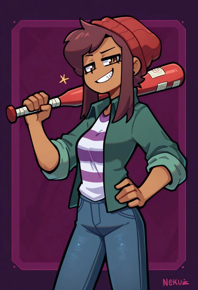 masterpiece, best quality, highres, nekuzx, BREAK, 1girl, solo, betaluz, dark-skinned female, brown eyes, brown hair, short hair, long bangs, red beanie, green jacket, open jacket, striped shirt, jeans, smug, looking at viewer, grin, red baseball bat, holding weapon, over shoulder, hand on hip, walking, cowboy shot, side view, abstract background