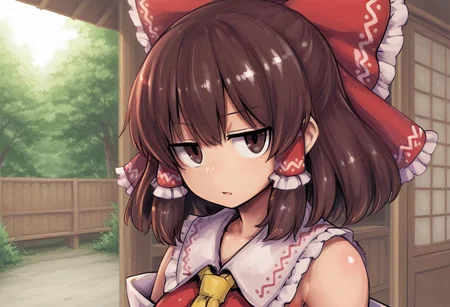 best quality, hires,
1girl, solo, hakurei reimu, jitome, open mouth,
looking at viewer,