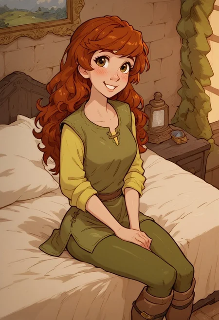 (score_9, score_8_up:1.1), score_7_up, 1girl, solo, too cute to be true, 18 years old, medium breast, Taran, Hazel Brown Eyes, Red Hair, long hair, Green Vest, Yellow Shirt, Green Pants, Brown Boots petite, cute girl, pretty girl, innocent girl, sexy, cowboy shot, looking at viewer, smile, bedroom, inn, bed, sitting on bed, blush,