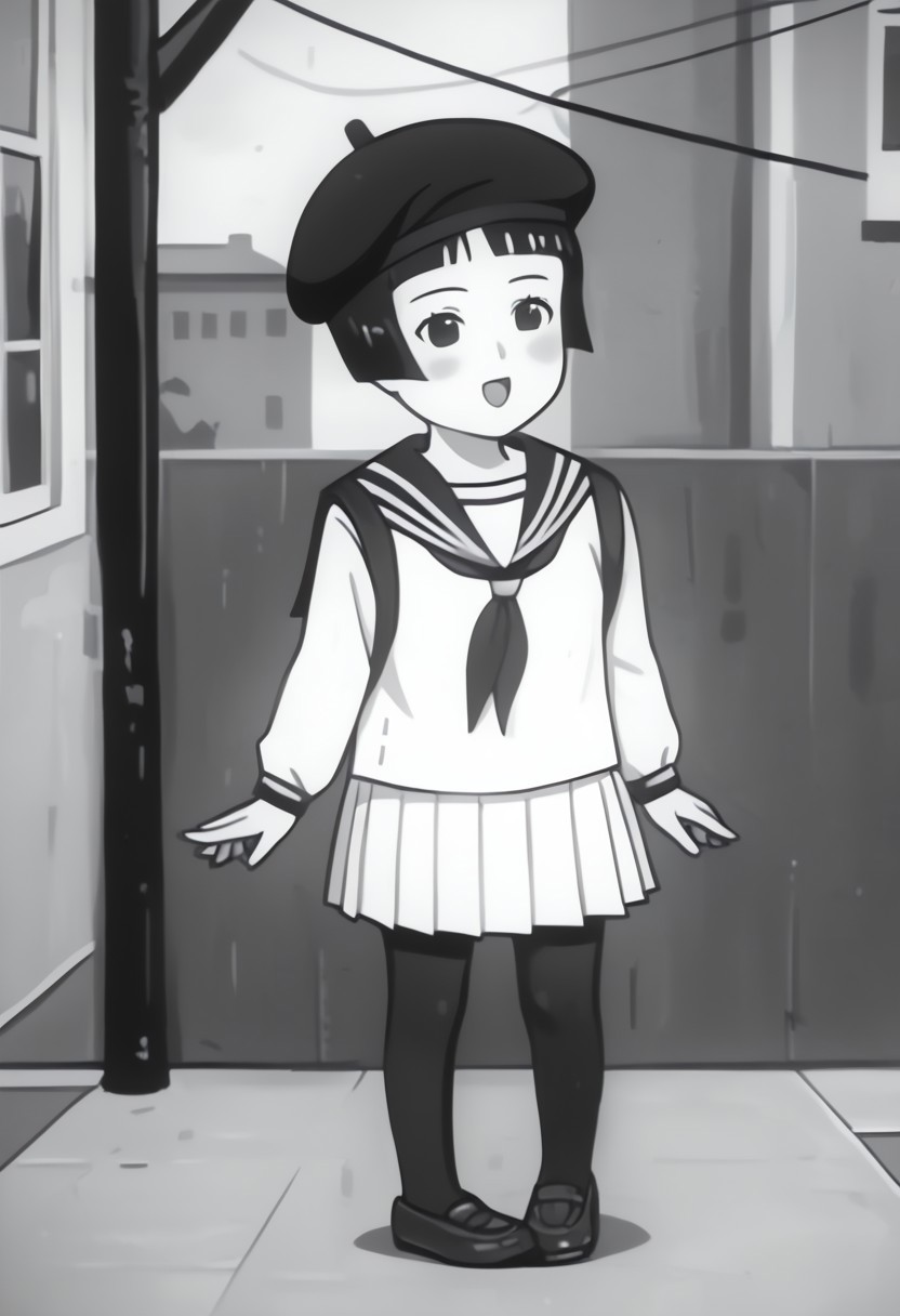 score_9, score_8_up, score_7_up BREAK Chameko, 1girl, monochrome, grayscale, black bobcut, blunt bangs, black eyes, serafuku, white pleated skirt, black tights, dark gray mary-jane shoes, black beret, anime, source_anime, solo, solo focus, female, female focus, japan showa outdoors, showa japan background, singing happily, full body,