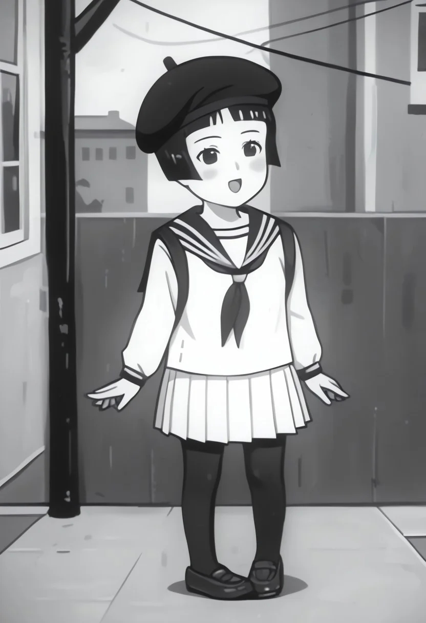 score_9, score_8_up, score_7_up BREAK Chameko, 1girl, monochrome, grayscale, black bobcut, blunt bangs, black eyes, serafuku, white pleated skirt, black tights, dark gray mary-jane shoes, black beret, anime, source_anime, solo, solo focus, female, female focus, japan showa outdoors, showa japan background, singing happily, full body,