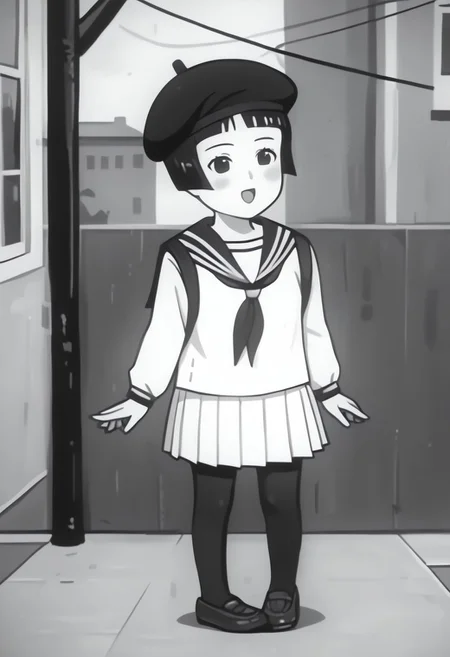score_9, score_8_up, score_7_up BREAK Chameko, 1girl, monochrome, grayscale, black bobcut, blunt bangs, black eyes, serafuku, white pleated skirt, black tights, dark gray mary-jane shoes, black beret, anime, source_anime, solo, solo focus, female, female focus, japan showa outdoors, showa japan background, singing happily, full body,