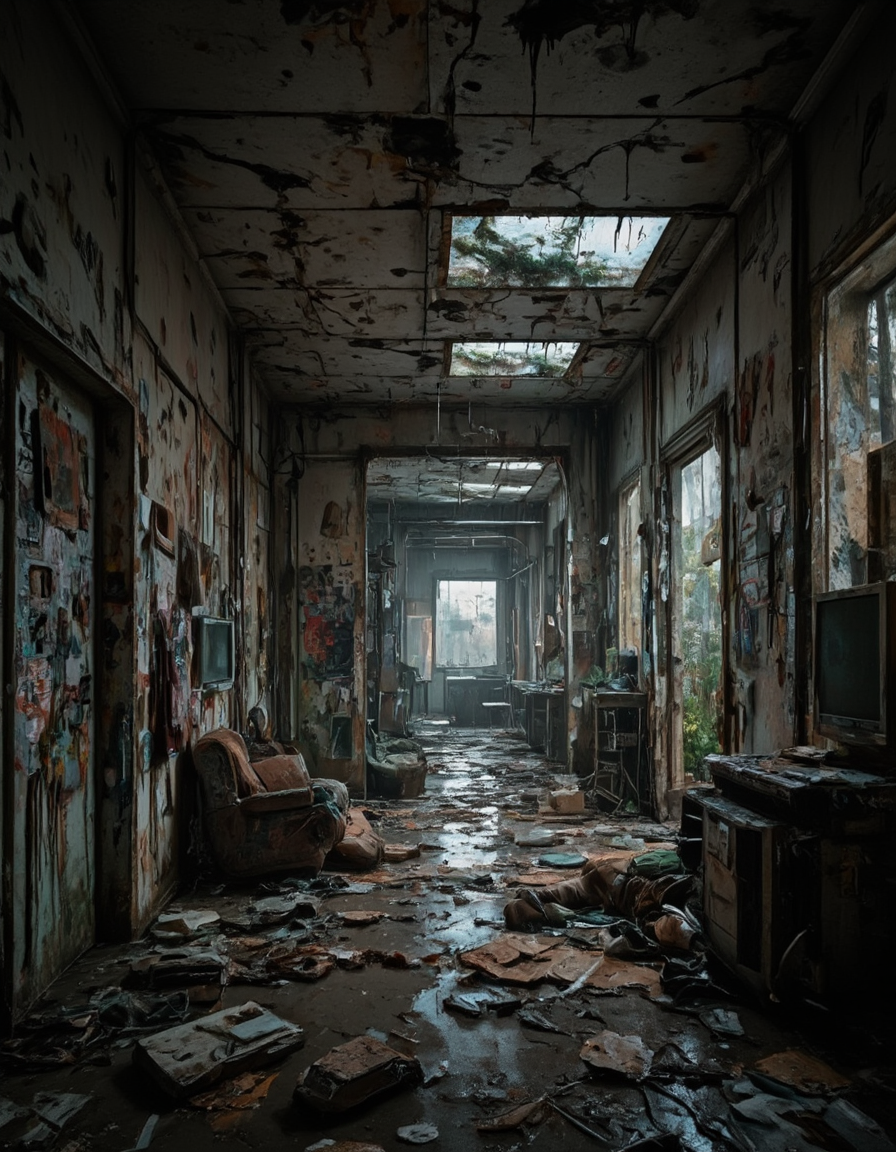 <lora:CW02_Lost_Officev2fluxc:1>  dirty gloomy wet abandoned room, indoors, ugly, sunshades, messy, oozing walls, cracked ceiling, worn, homeless man on the ground,