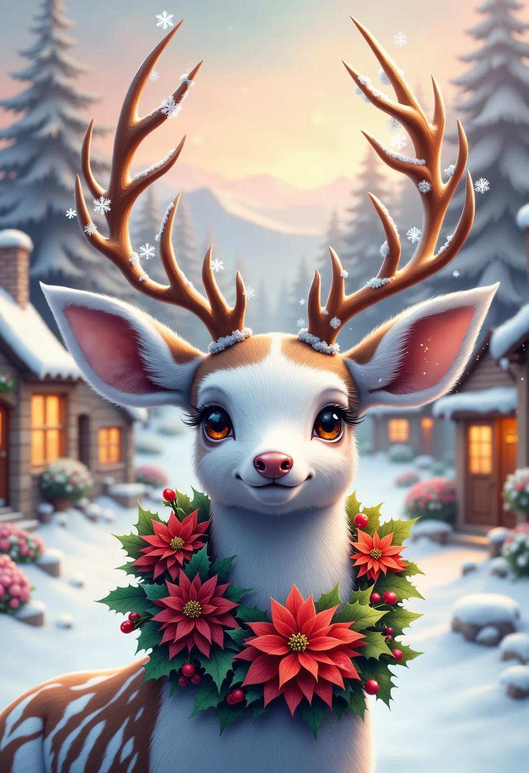 bo-christmas, christmas mood, magical christmas, a highly detailed, realistic digital painting depicting a deer with antlers adorned with snow and holly, the deer's fur is predominantly white with brown spots, and its eyes are large and expressive, with a soft, inviting gaze, the antlers are adorned with small, white snowflakes, adding a festive touch, around its neck, a wreath of holly leaves and red poinsettias is draped, with small red berries and green leaves, the background features a cozy, winter village scene with snow-covered cottages and warm, yellow-lit windows, creating a serene and festive atmosphere, the sky is a soft gradient of pastel hues, transitioning from a pale pink at the top to a deep blue at the bottom, the ground is covered in a blanket of snow, adding to the winter wonderland, the overall style is highly polished and realistic, with meticulous attention to detail in the textures and lighting, giving the painting a lifelike quality, with a lettering text:"Christmas Dreams," high quality, ultra detailed, colorful, abstract, fantasy.<lora:Flux\boFLUX Christmas Dreams.safetensors:1.0:1.0>