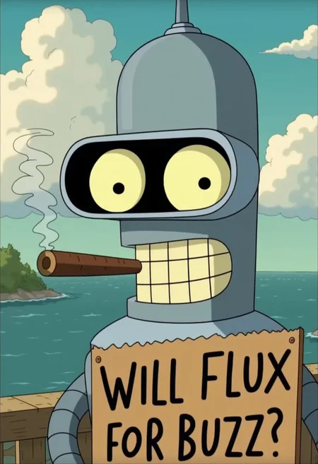Bender - Futurama, (holding a cardboard sign "WILL FLUX FOR BUZZ":1.5), smoking cigar
BREAK
 background of Falkland Islands, Wide view, Movie still, Proud, art by Thomas Kinkade,