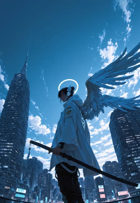 sky, weapon, sheath, sword, angel, 1boy, cloud, city, holding, male focus, building, sheathed, holding weapon, angel wings, black hair, outdoors, solo, jacket, holding sword, hood, katana, dark skin, feathered wings, cityscape, cloudy sky, skyscraper, scabbard, fisheye, foreground, detailed lighting, kodachrome, masterpiece, best quality, (ultra detailed), high quality, very aesthetic, 8k, newest, aetrnm2