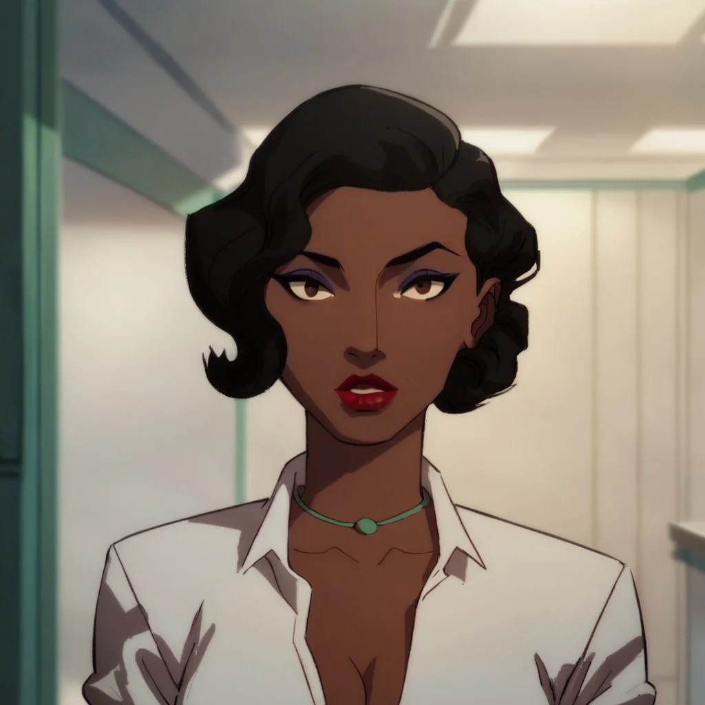 score_9, score_8_up, score_7_up, 1girl, solo, lipstick, makeup, black hair, short hair, dark skin, brown eyes, necklace, jewelry, cleavage, white shirt, CatGrantDC, looking at viewer