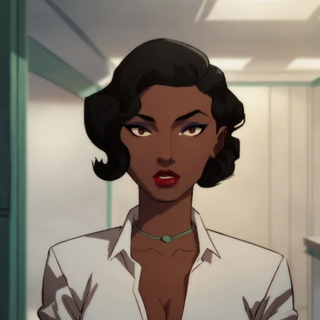 score_9, score_8_up, score_7_up, 1girl, solo, lipstick, makeup, black hair, short hair, dark skin, brown eyes, necklace, jewelry, cleavage, white shirt, CatGrantDC, looking at viewer