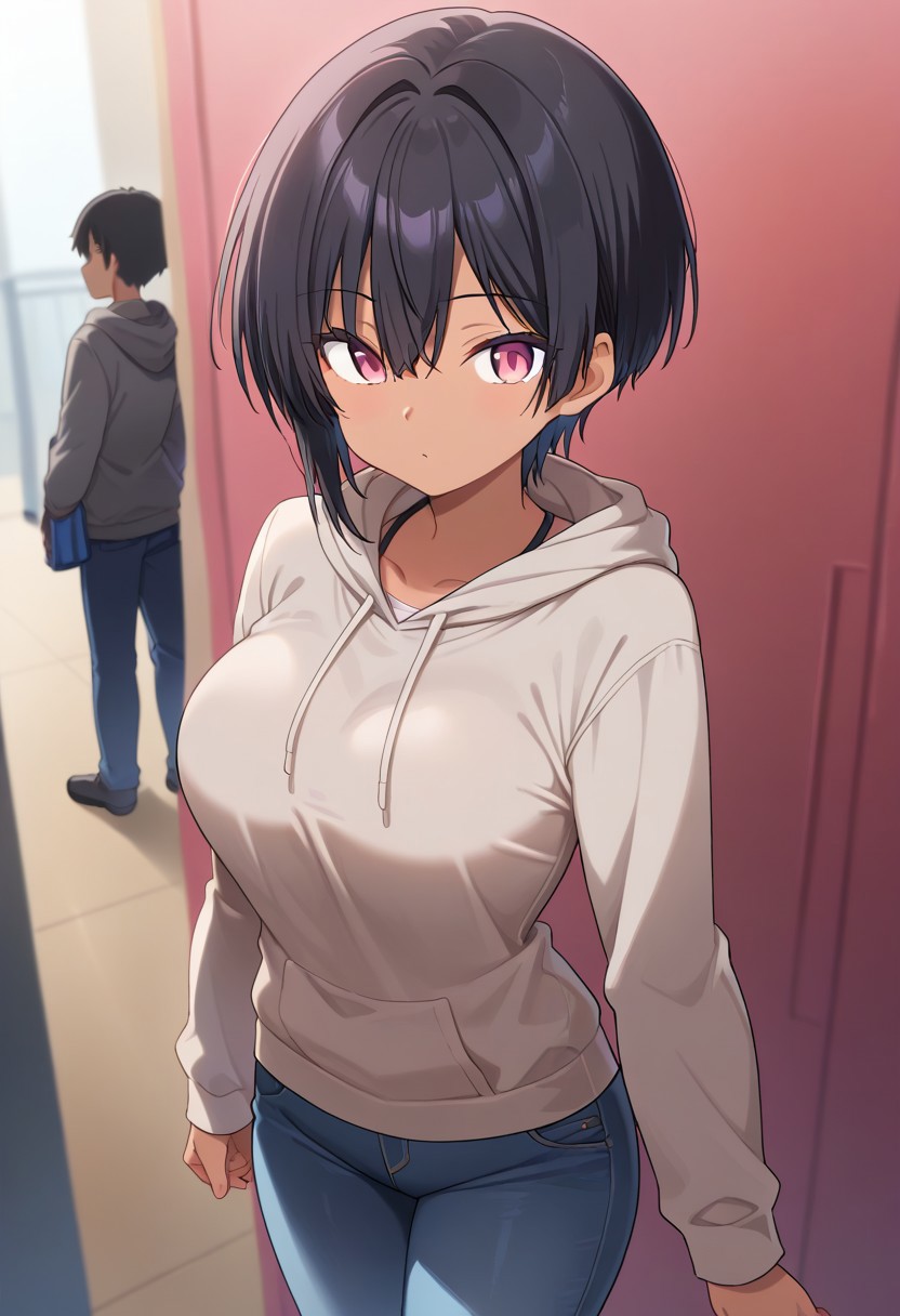 score_9, 4l1ce, dark skin, black hair, pink eyes, grey hoodie, jeans, source_anime, ntm,