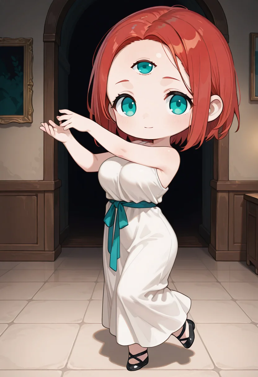 general, masterpiece, best quality, newest, absurdres, highres, very awa, indoors, dark room, 1girl, solo, (chibi:1.5), chibi only, deformed, perfect anatomy, detailed face, red hair, aqua eyes, short hair, straight hair, large breasts, tareme, (forehead), <lora:Tri-Eyed_p3216b1t5e10r2:0.8> Tri-Eyed, toga, white dress, greco-roman clothes, light smile, dancing, looking at viewer,