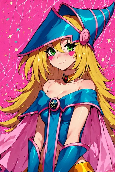 score_9, score_8_up, score_8, medium breasts, (curvy), cute, eyelashes, BREAK, , BREAK, dark magician girl, blonde hair, choker, green eyes, long hair, blush, blush stickers, bare shoulders, blue footwear, blush, blush stickers, cleavage, collarbone, duel monster, hat, off shoulder, pentacle, wizard hat, cleavage, <lora:dark-magician-girl-ponyxl-lora-nochekaiser:0.8>,, <lora:NebulaNoir:1.0>, multicolored, glowing,, BREAK, smile, looking at viewer, cowboy shot, embedding:zPDXL, Expressiveh, <lora:SDXLFaeTastic2400:0.5>, <lora:Expressive_H-000001:0.4>,
