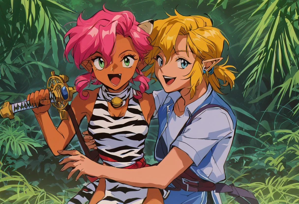 score_9, score_8_up, score_7_up, score_6_up, Masterpiece, source_anime screenshot, duo, 1 girl, 1 boy, vivid colors, retro anime style, high-res, beautiful aesthetic, very intricate, high-quality details, vibrant, highly detailed, award-winning, professional, <lora:pink-ponyxl-v2:1>, open mouth smile, single fang showing, sleeveless dress, white tiger print dress, pelvic curtain, cleavage, white cat ears, cat bell necklace, bright pink hair, tanned, white tiger tail, red sash, small breasts, leather shoes, detailed eyes, green eyes, detailed face, BREAK score_9, score_8_up, score_7_up, score_6_up, Masterpiece, source_anime, 1 girl, 1 boy, vivid colors, anime style, high-res, beautiful aesthetic, very intricate, high-quality details, vibrant, highly detailed, award-winning, professional, <lora:link:0.8> link1, link, soft smile, pointy ears, blonde hair, blue eyes, medium hair, side locks, earrings, short ponytail, blue hylian tunic
Break
Under a thick forest canopy, <lora:sword-guard-stance-ponyxl-lora-nochekaiser:1>, sword guard stance, sword, weapon, duo, katana, holding, pink and link holding weapon, holding sword, looking at viewer,
