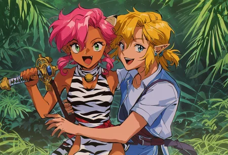 score_9, score_8_up, score_7_up, score_6_up, Masterpiece, source_anime screenshot, duo, 1 girl, 1 boy, vivid colors, retro anime style, high-res, beautiful aesthetic, very intricate, high-quality details, vibrant, highly detailed, award-winning, professional, <lora:pink-ponyxl-v2:1>, open mouth smile, single fang showing, sleeveless dress, white tiger print dress, pelvic curtain, cleavage, white cat ears, cat bell necklace, bright pink hair, tanned, white tiger tail, red sash, small breasts, leather shoes, detailed eyes, green eyes, detailed face, BREAK score_9, score_8_up, score_7_up, score_6_up, Masterpiece, source_anime, 1 girl, 1 boy, vivid colors, anime style, high-res, beautiful aesthetic, very intricate, high-quality details, vibrant, highly detailed, award-winning, professional, <lora:link:0.8> link1, link, soft smile, pointy ears, blonde hair, blue eyes, medium hair, side locks, earrings, short ponytail, blue hylian tunic
Break
Under a thick forest canopy, <lora:sword-guard-stance-ponyxl-lora-nochekaiser:1>, sword guard stance, sword, weapon, duo, katana, holding, pink and link holding weapon, holding sword, looking at viewer,