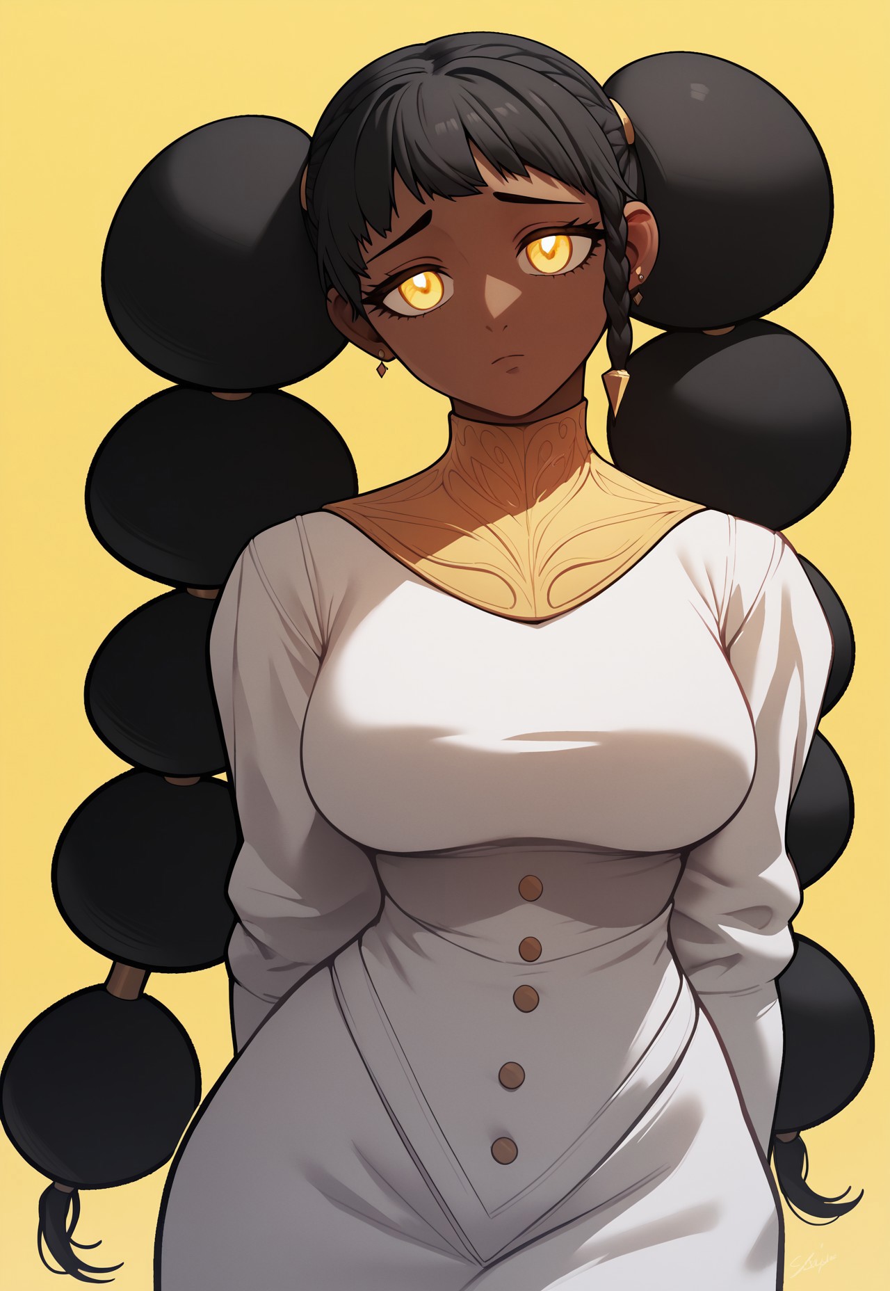 safe_pos, score_9, score_8_up, score_7_up, score_9,4k, HD, 8k, highres, masterpiece, best quality, cowboy shot, solo, 1girl, desscaras, dark-skinned female, yellow eyes, black hair, long hair, twintails, braid, bangs, hair buns, large breasts, earrings, jewelry, white dress, yellow background, no pose, looking at viewer, emotionless, beautiful eyes, half body, <segment:yolo-Anzhc Face seg 640 v2 y8n.pt,0.4,0.5//cid=1>