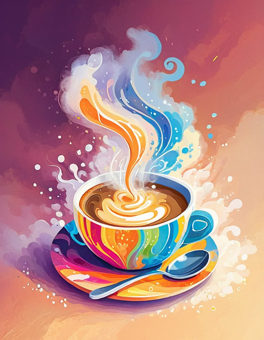 novuschroma style cup of coffee with swirling steam <lora:106_novuschroma_1:1>