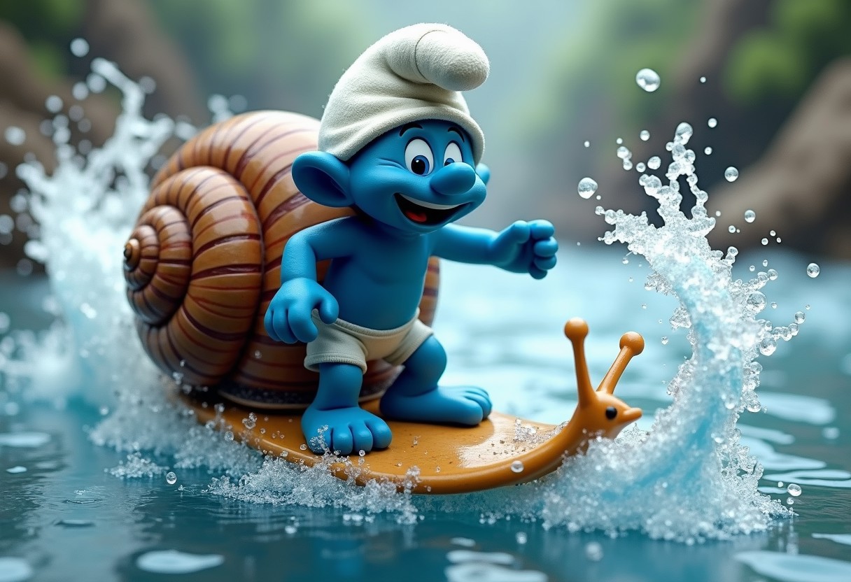 a Smurf surfing on the back of a snail. the shell is made of water and forms a spiral wave.