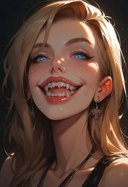 (score_9, score_8_up), score_7_up, score_6_up, volumetric lighting, BREAK, Ellie_Buckingham 1girl, solo, blue eyes, blonde hair, long hair, breasts, large breasts,
1 girl, portrait shot, close up on face, teeth, open mouth, smile, grin, sharp teeth, glowing eyes
y0u4r34lr34dyfuck3dupsm1l3, YouAreAlreadyFuckedUpSmile, sololevelingstatuesmile,