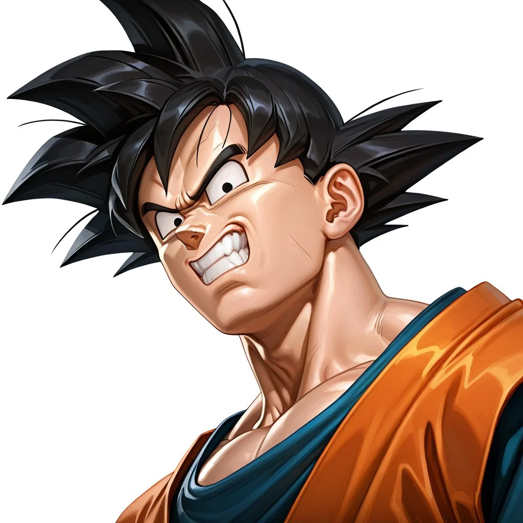 FutureFightStyle, ((semi realistic)), score_9, score_8_up, score_7_up, 8k, absurd res, masterpiece, best quality, gokuill, solo, 1boy, looking at viewer, headshot, anime, angry, teeth, cartoon, white background, narrowed eyebrows, orange dougi, happy, <lora:gokuill:0.8>