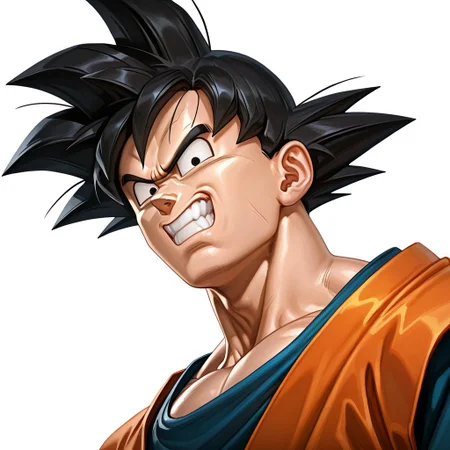 FutureFightStyle, ((semi realistic)), score_9, score_8_up, score_7_up, 8k, absurd res, masterpiece, best quality, gokuill, solo, 1boy, looking at viewer, headshot, anime, angry, teeth, cartoon, white background, narrowed eyebrows, orange dougi, happy, <lora:gokuill:0.8>