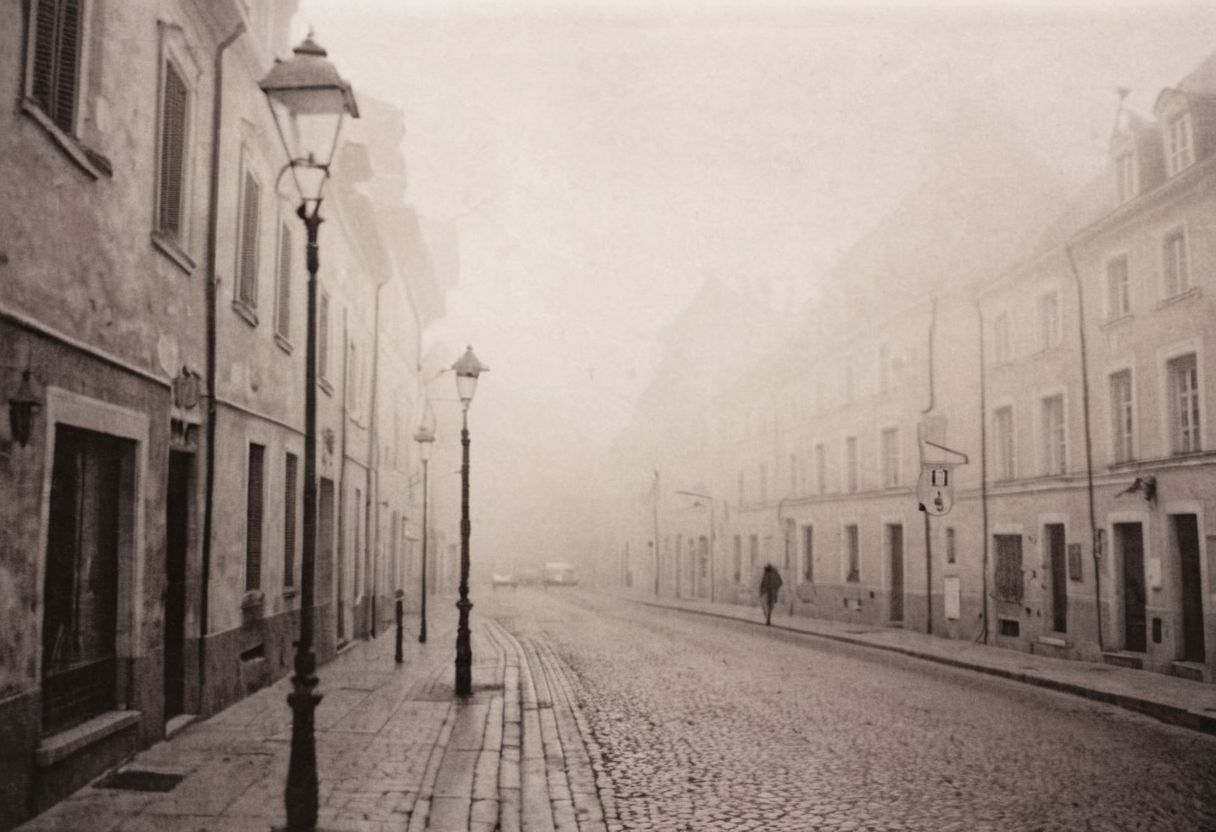 lith_argenta_BH1W, instagram photo, a foggy street somewhere in europe, hard shadows, film grain
