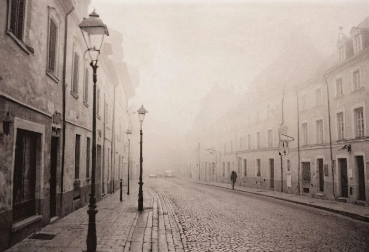 lith_argenta_BH1W, instagram photo, a foggy street somewhere in europe, hard shadows, film grain
