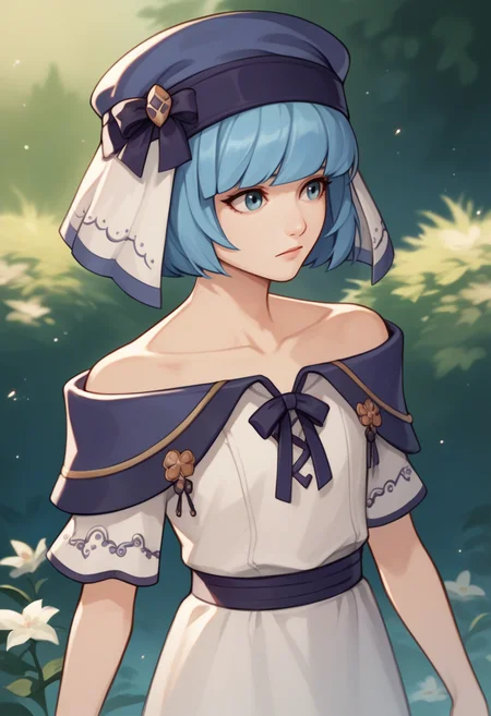 score_9, score_8_up, score_7_up, source_anime BREAK 1girl, solo, <lora:silque-fe-richy-v1_pdxl:1> silquepicnic, blue hair, short hair, blue eyes, headdress, white dress, collarbone, off shoulder, standing