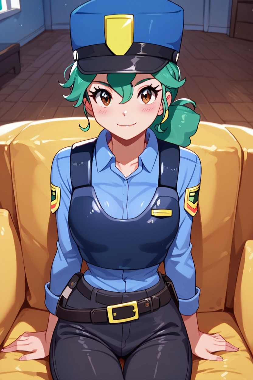 score_9, score_8_up, score_8, medium breasts, (curvy), cute, eyelashes,       ,,, ,  zzJenny, brown eyes, hair between eyes, green hair, long hair, ponytail, short hair, police uniform, policewoman, shirt, police hat, blue shirt, collared shirt, black pants,  <lora:JennySunMoonPDXL:1>, , BREAK, ,,, smile, looking at viewer, blush, blurry, couch, sitting, ,,, shiny skin, <lora:ProAnime_PDXL_v1:0.7>, ,,, embedding:zPDXL, Expressiveh, <lora:SDXLFaeTastic2400:0.5>, <lora:Expressive_H-000001:0.4>,