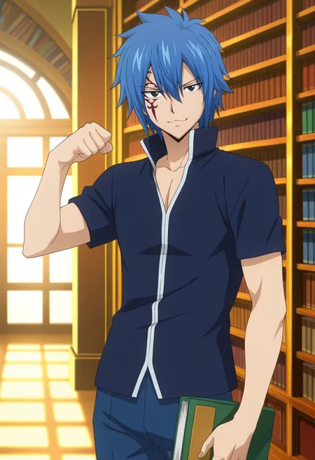 masterpiece, best quality, , anime screencap, anime coloring, , looking at viewer, 1boy, solo, male focus, <lora:jellal_fernandes_ilxl:0.9>, jellal_fernandes, blue hair, black eyes, short hair, tattoo, facial mark, hair between eyes, cowboy shot, library, books, day, sunny, (pose), :\3,