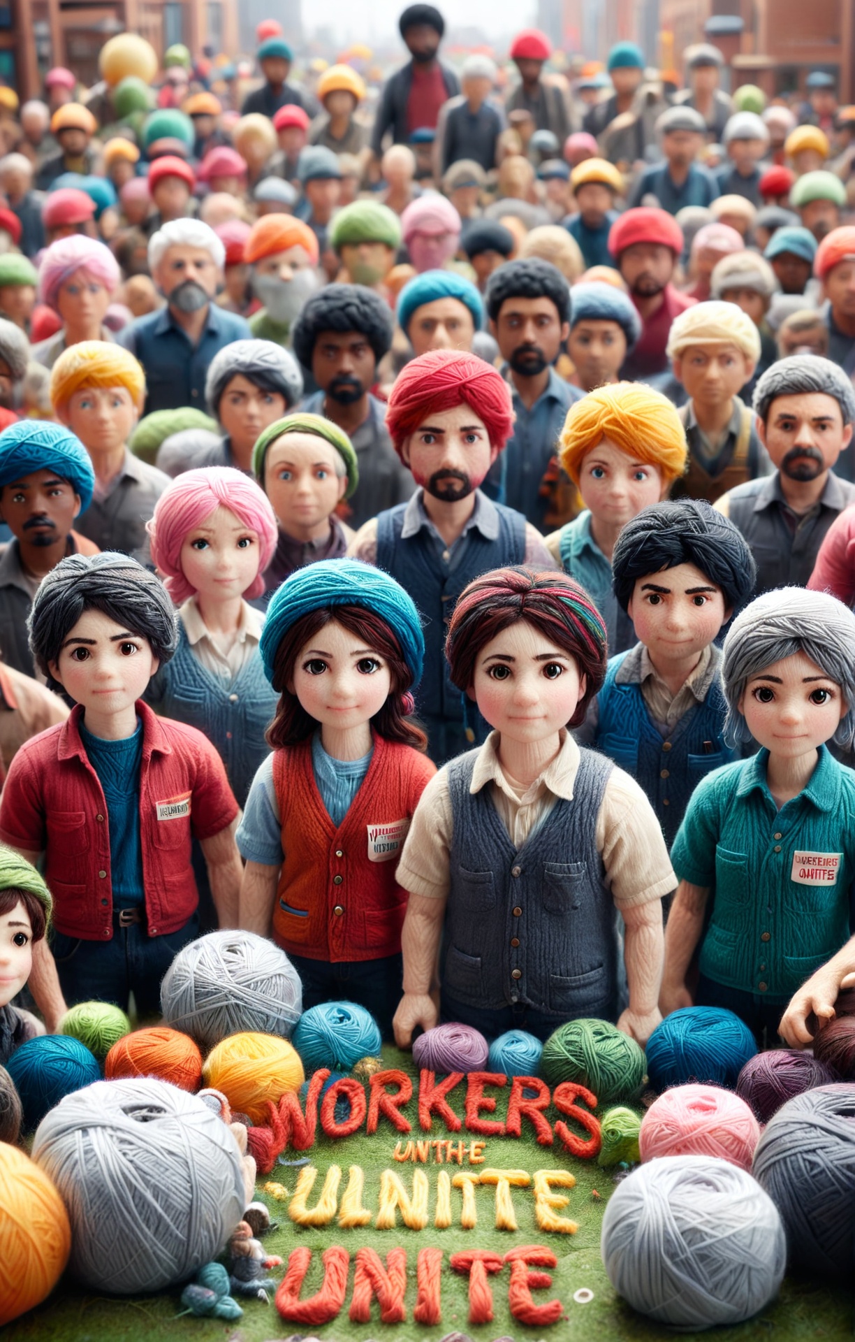 yrnwrld, (close-up of the poster for the movie "workers unite" with the text "workers unite" made of yarn:1.4) <lora:Yarnworld-000017:1>
