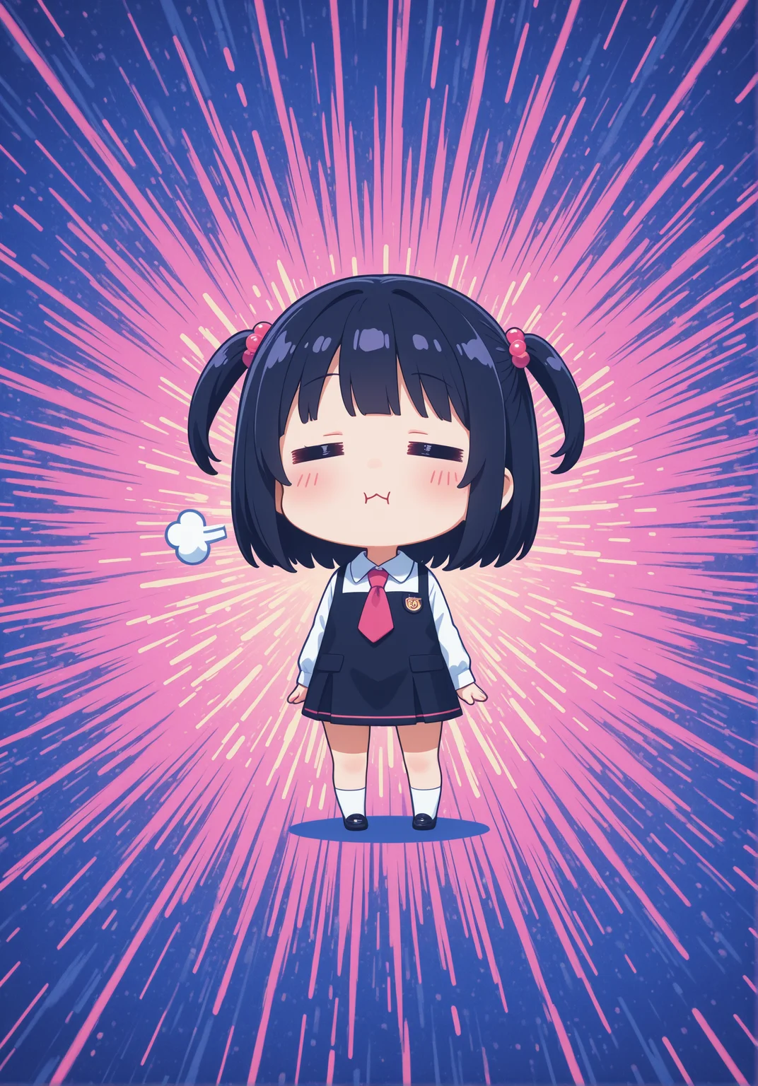 masterpiece, best quality, high quality, colorful art, splash background, 1girl, chibi, =_=, puff of air