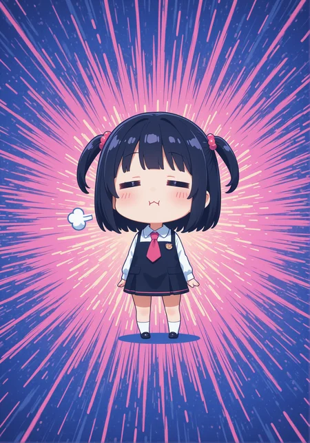 masterpiece, best quality, high quality, colorful art, splash background, 1girl, chibi, =_=, puff of air