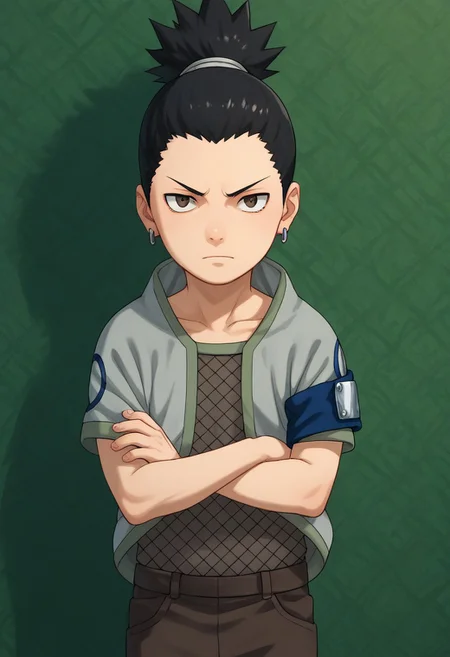 score_9, score_8_up, score_7_up, highly detailed, cute boy, 1boy, solo, young, Shikamaru_Nara, Brown Eyes, Black Hair, Ponytail, Earrings, Grey Jacket, Armband, Fishnet Shirt, Brown Pants, Arms crossed,