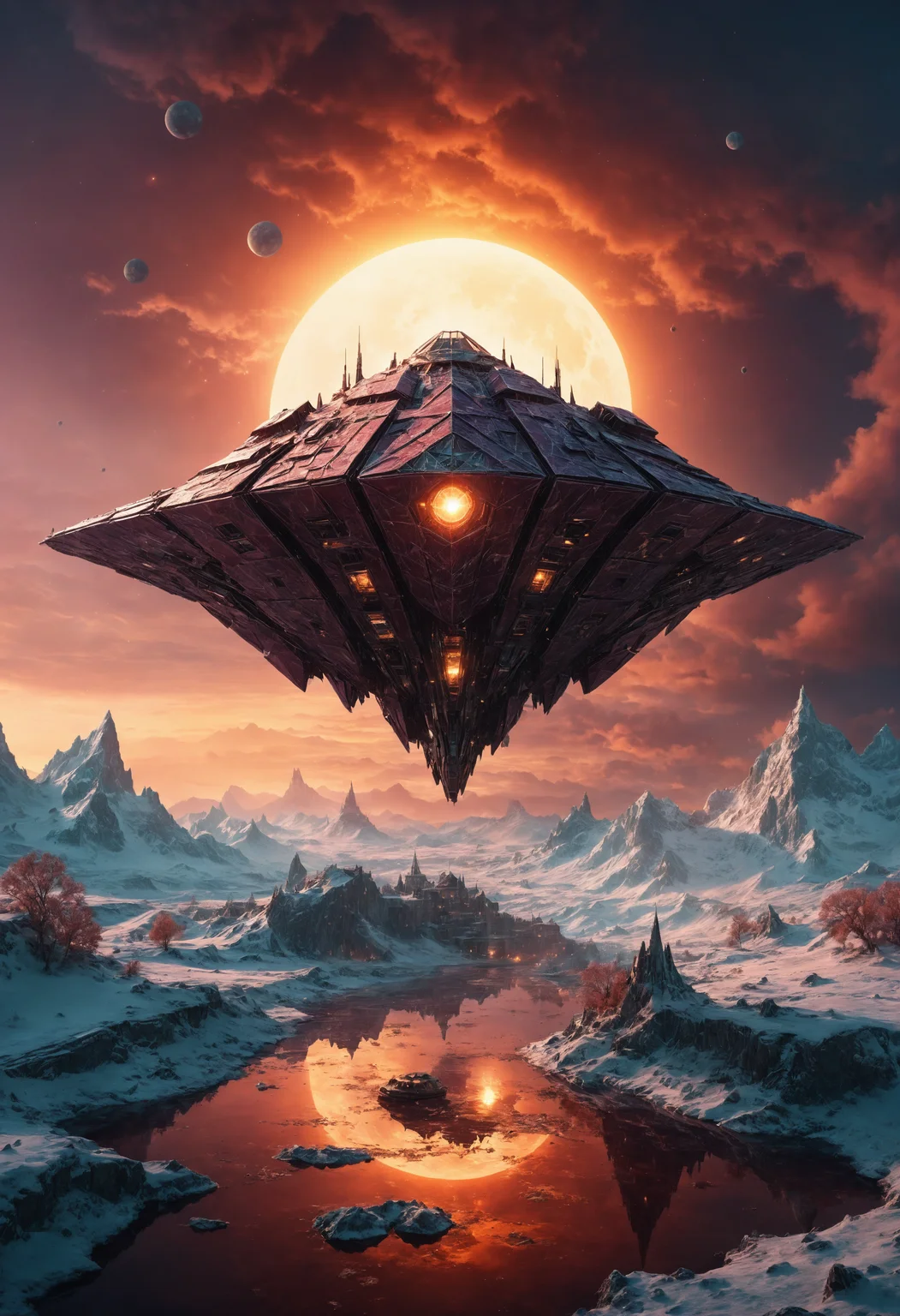 Large landscape photography, a large origami spaceship sailing in space around a frozen planet is attacked by enemy rockets, .sunset, burgundy.ancient ruined city, bridges, kupala, apocalypse. God's rays.puddle, the fog, the mystical light, professional photography, natural lighting, volumetric lighting maximalist photoillustration 8k resolution concept art intricately detailed, complex, elegant, expansive, fantastical