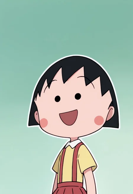 score_9, score_8_up, score_7_up BREAK ChibiMaruko, 1girl, black bobcut, black dot eyes, pink circle blush, happy, solo, solo focus, short-sleeved yellow shirt, red suspenders, red pleated skirt. white socks, flat red shoes, full body,