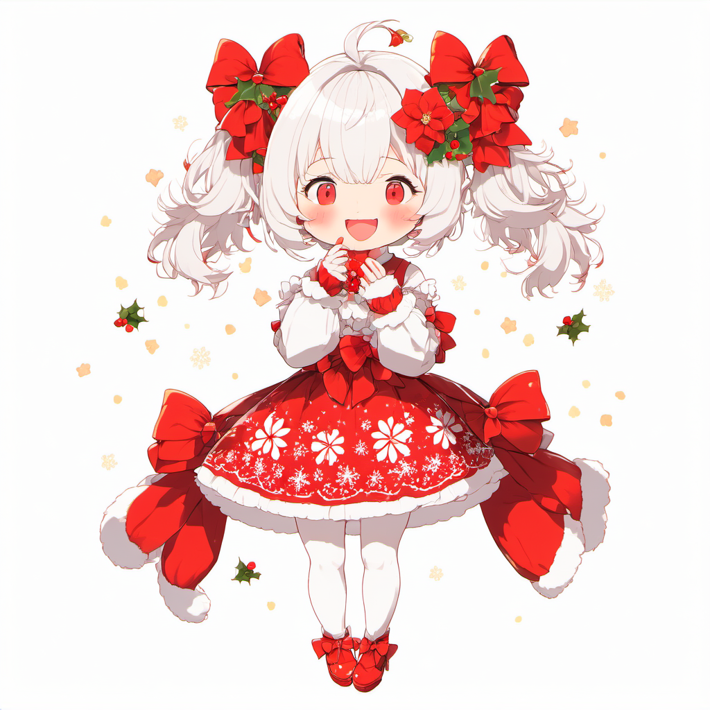 1girl, solo, dress, short hair, full body, white hair, bangs, red nails, white dress, pantyhose, smile, bow, blunt bangs, open mouth, red footwear, puffy sleeves, white pantyhose, white background, standing, standing on one leg, red bow, christmas, skirt hold, nail polish, flower, looking at viewer, hair ornament, bob cut, closed eyes, merry christmas <lora:chibi_anime-000005:1>