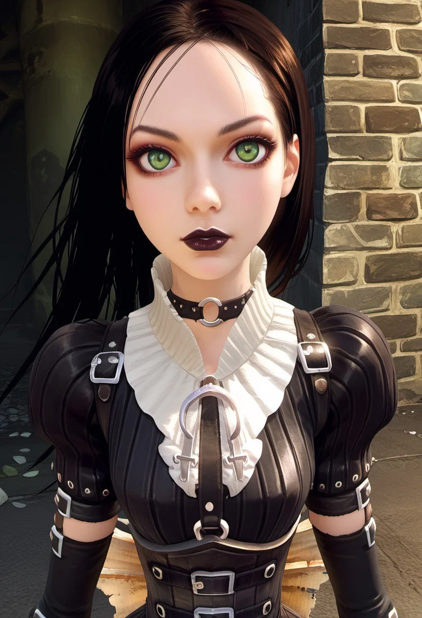 SCORE_9, SOURCE_ANIME, PORTRAIT, ALICE LIDDELL, BLACK HAIR, GREEN EYES, DRESS, BLACK LIPSTICK, GOTH, CHOKER