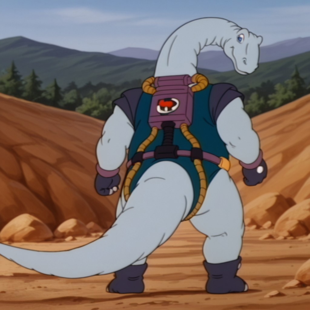masterpiece, best quality, amazing quality, BrontoDsil, anthro, male, brontosaurus, light blue skin, blue eyes, long neck, blue bodysuit, purple trim, short sleeves, dark blue sleeves, dark blue gloves, purple wristband, dark blue boots, outside, standing, from behind, looking back, tail, solo, 1boy, full body,